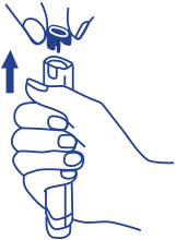 Halten Sie Fastjekt® in Ihrer dominanten Hand und mit der blauen Sicherungskappe nach oben in Richtung Himmel. 